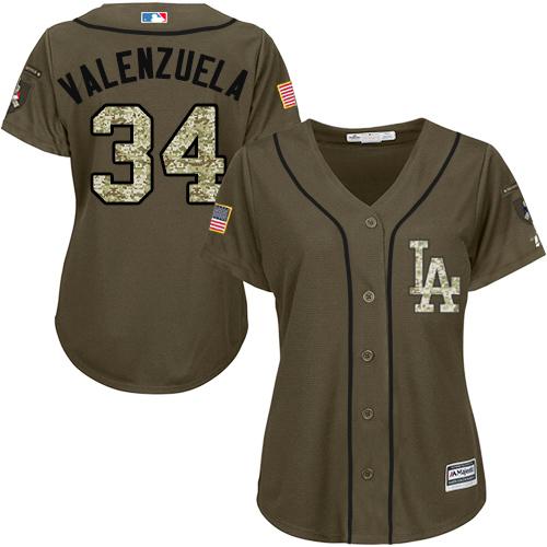 Dodgers #34 Fernando Valenzuela Green Salute to Service Women's Stitched MLB Jersey